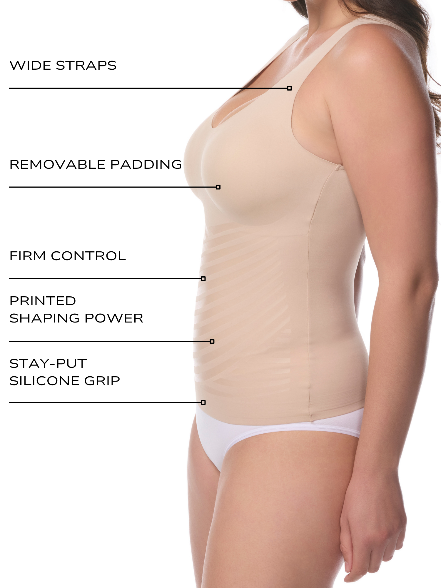 A woman wearing a beige shaping bodysuit shown from the side against a white background, with text callouts listing features such as wide straps, removable padding, firm control, printed shaping power, and stay-put silicone grip. all-groups