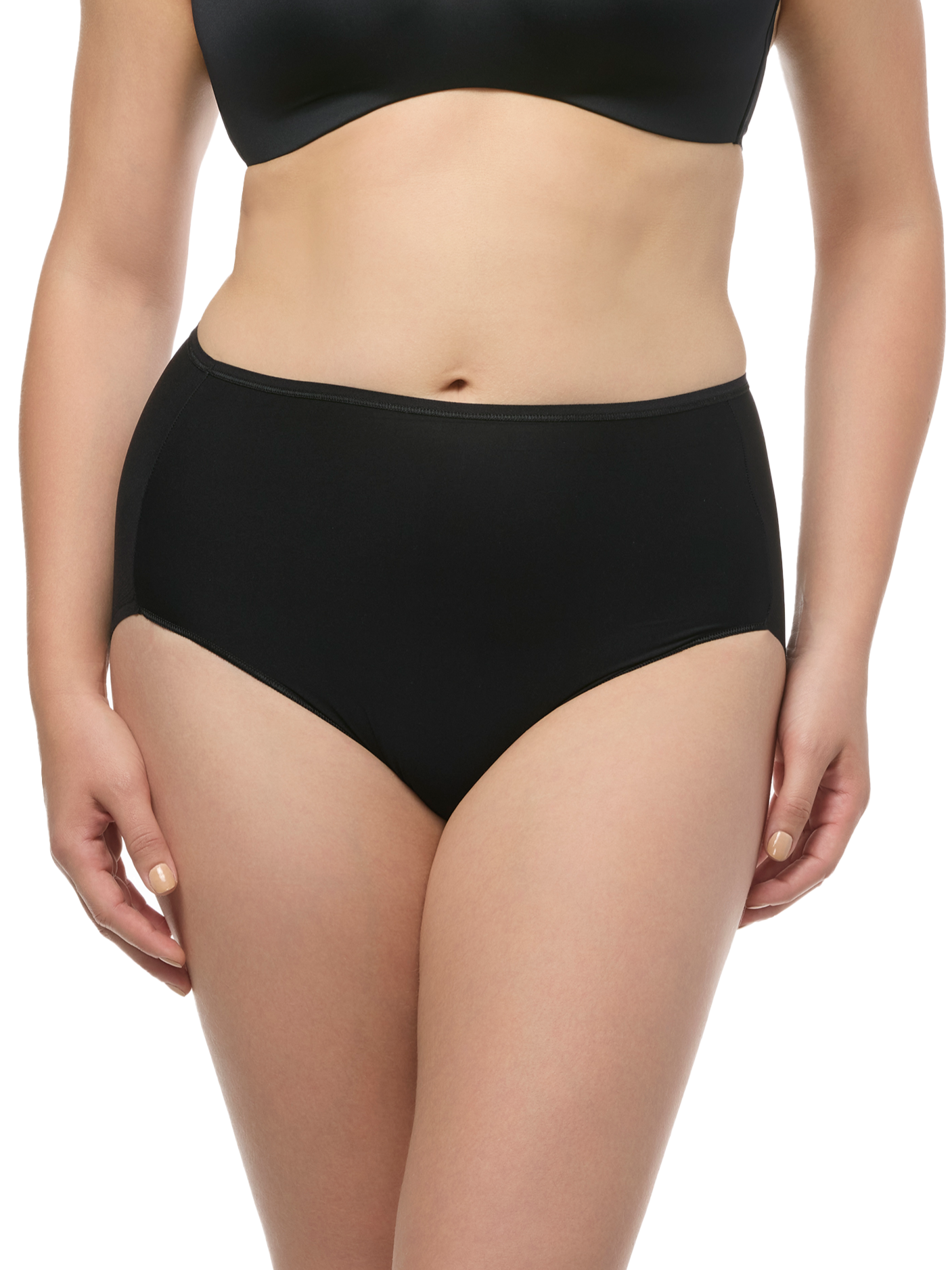 a woman wearing a black brief panty