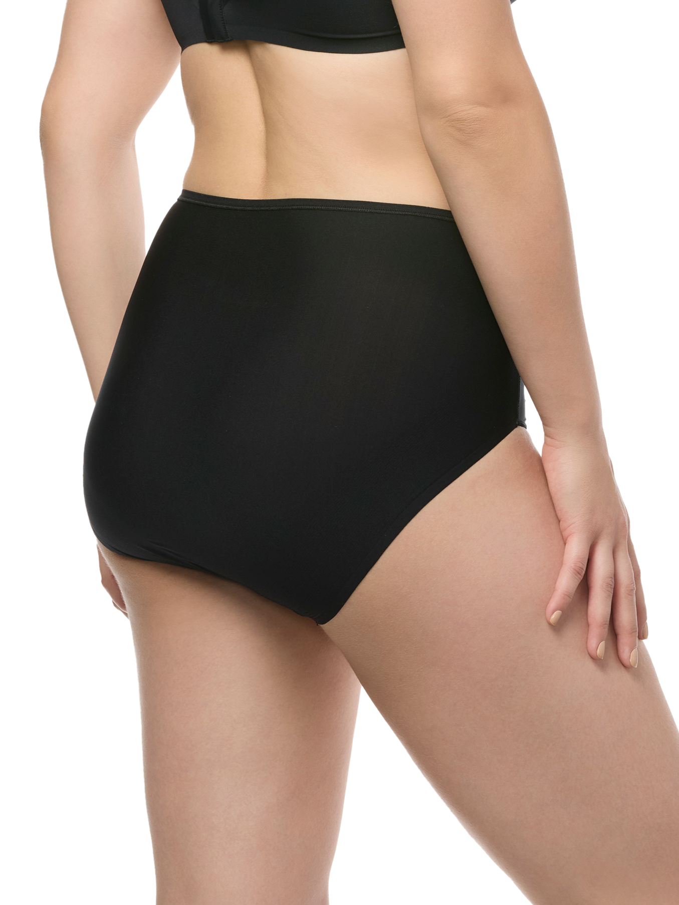 a woman wearing a black brief panty