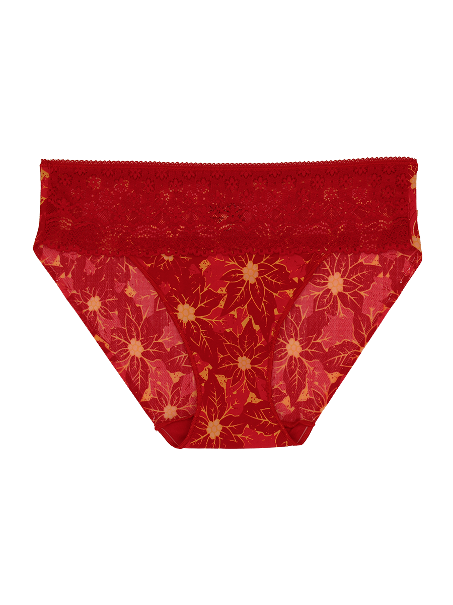 a women's hipster panty with a red lace trim waist and a red and yellow poinsettia print