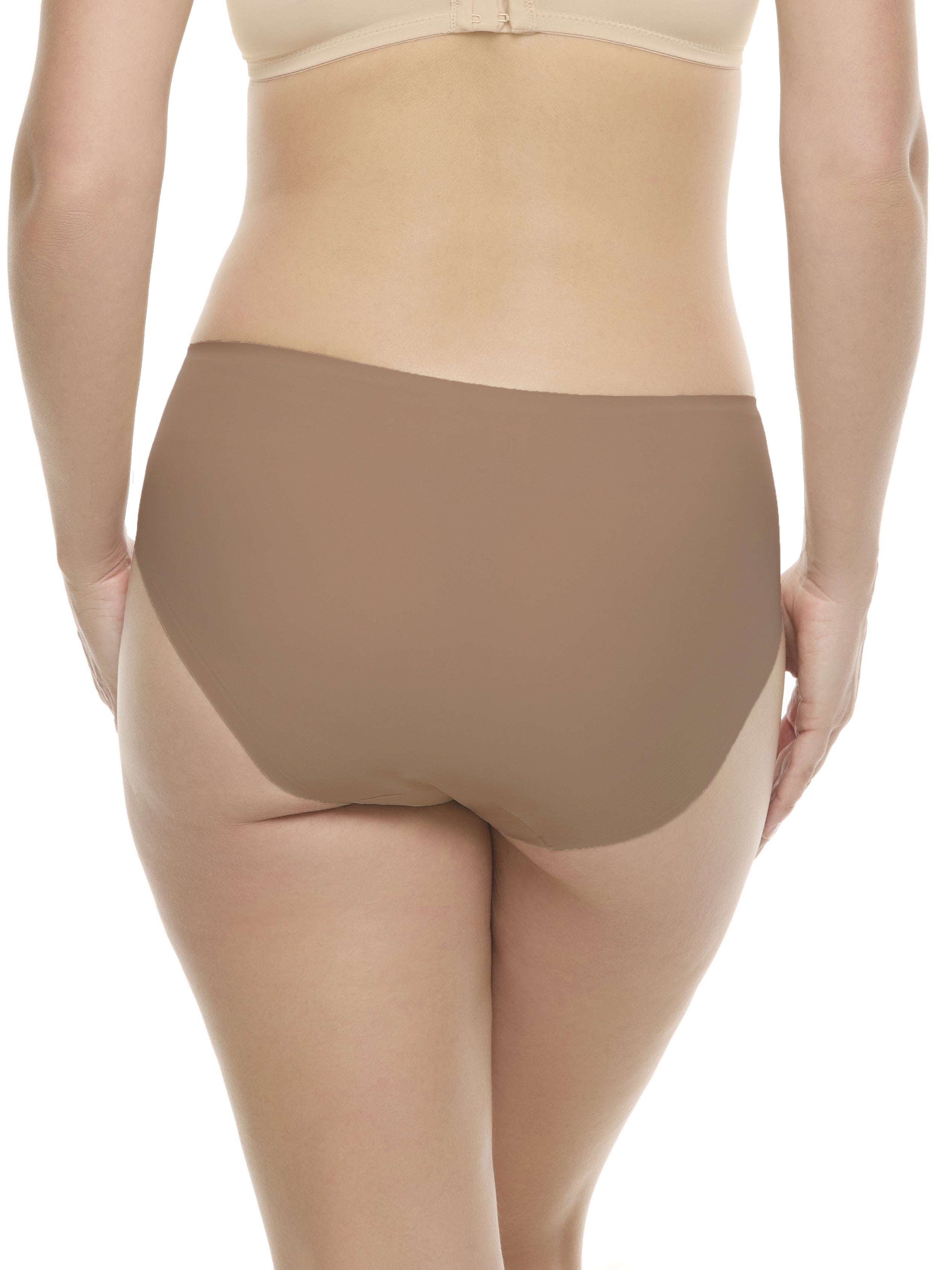 a woman wearing a tan high-cut brief panty underwear
