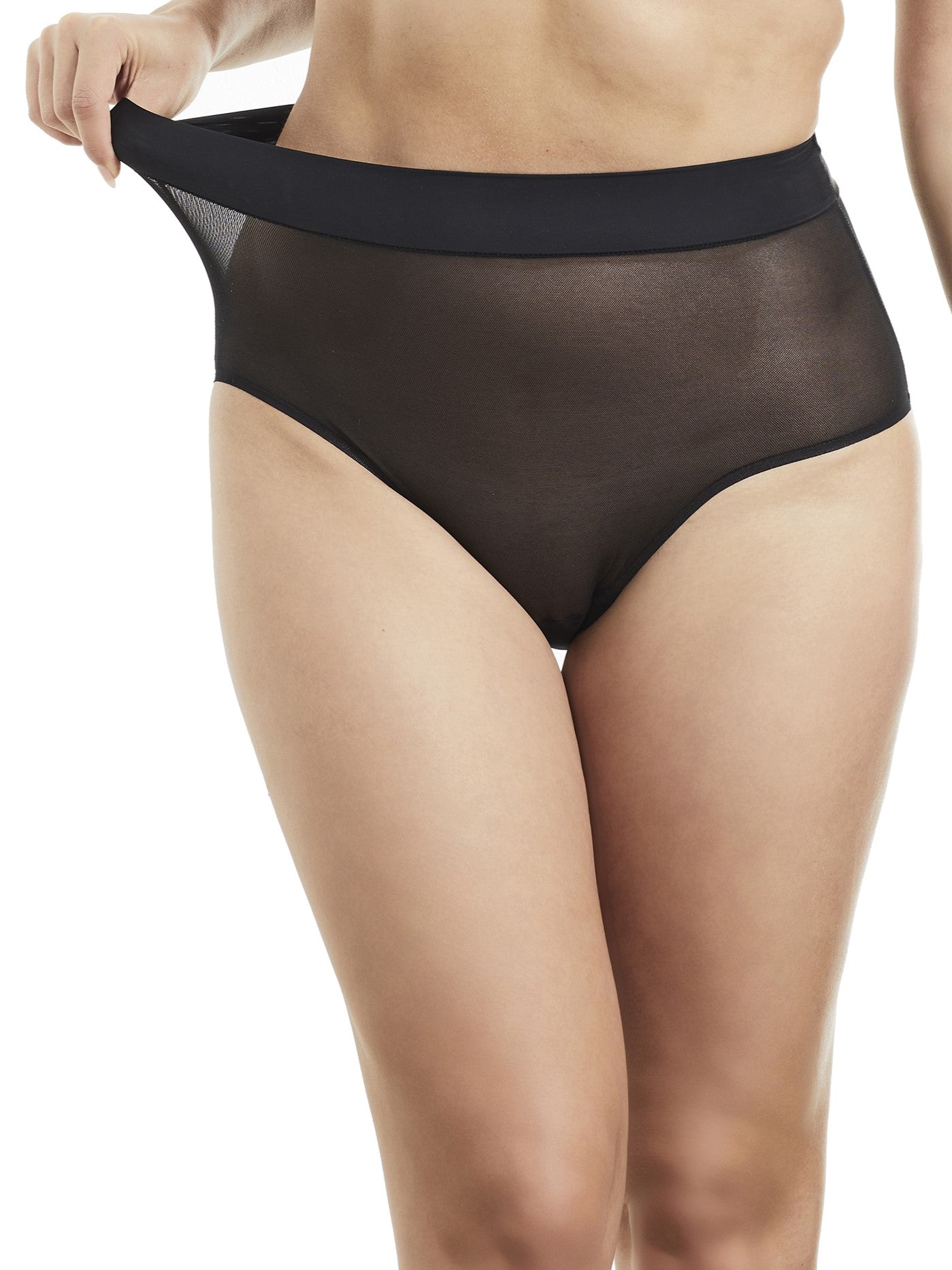 a woman wearing a sheer black brief panty