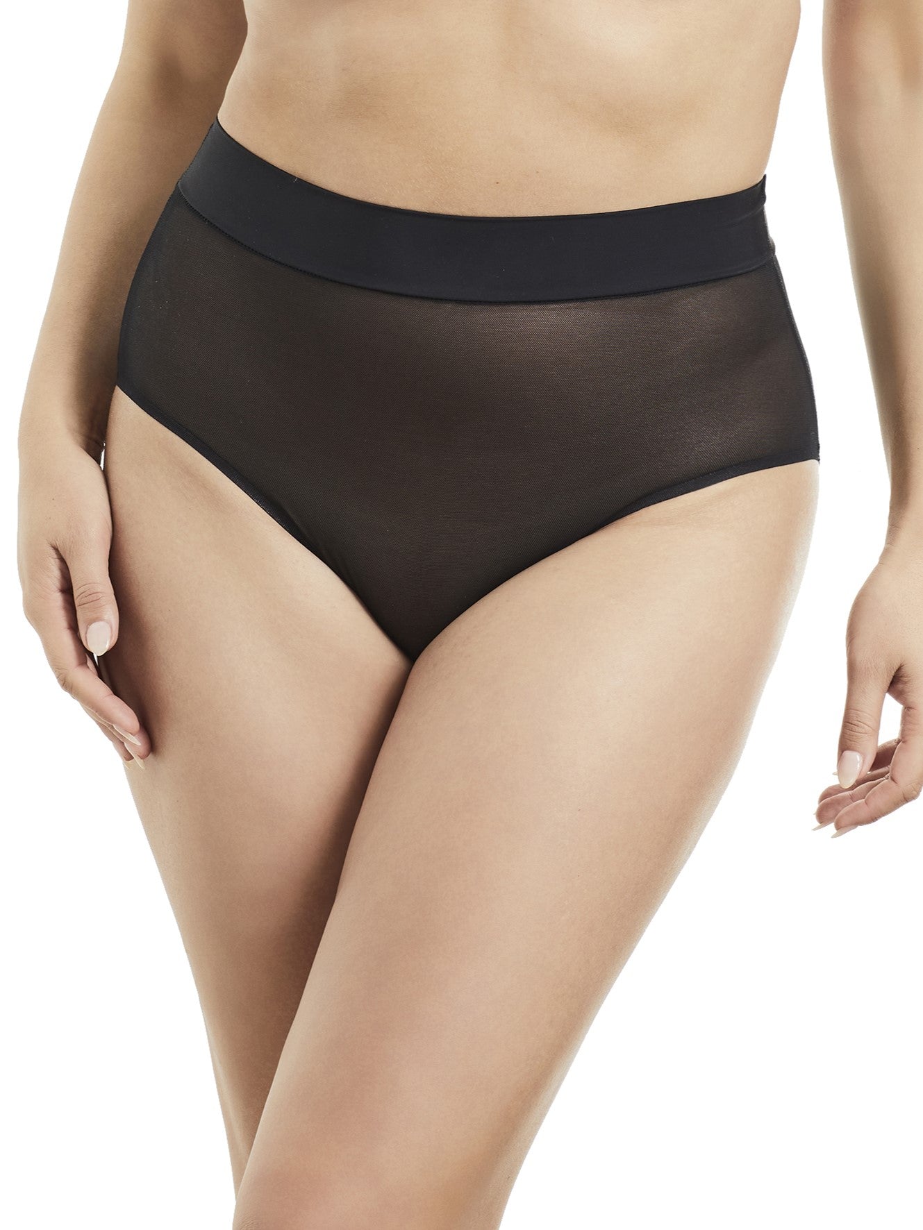 a woman wearing a sheer black brief panty