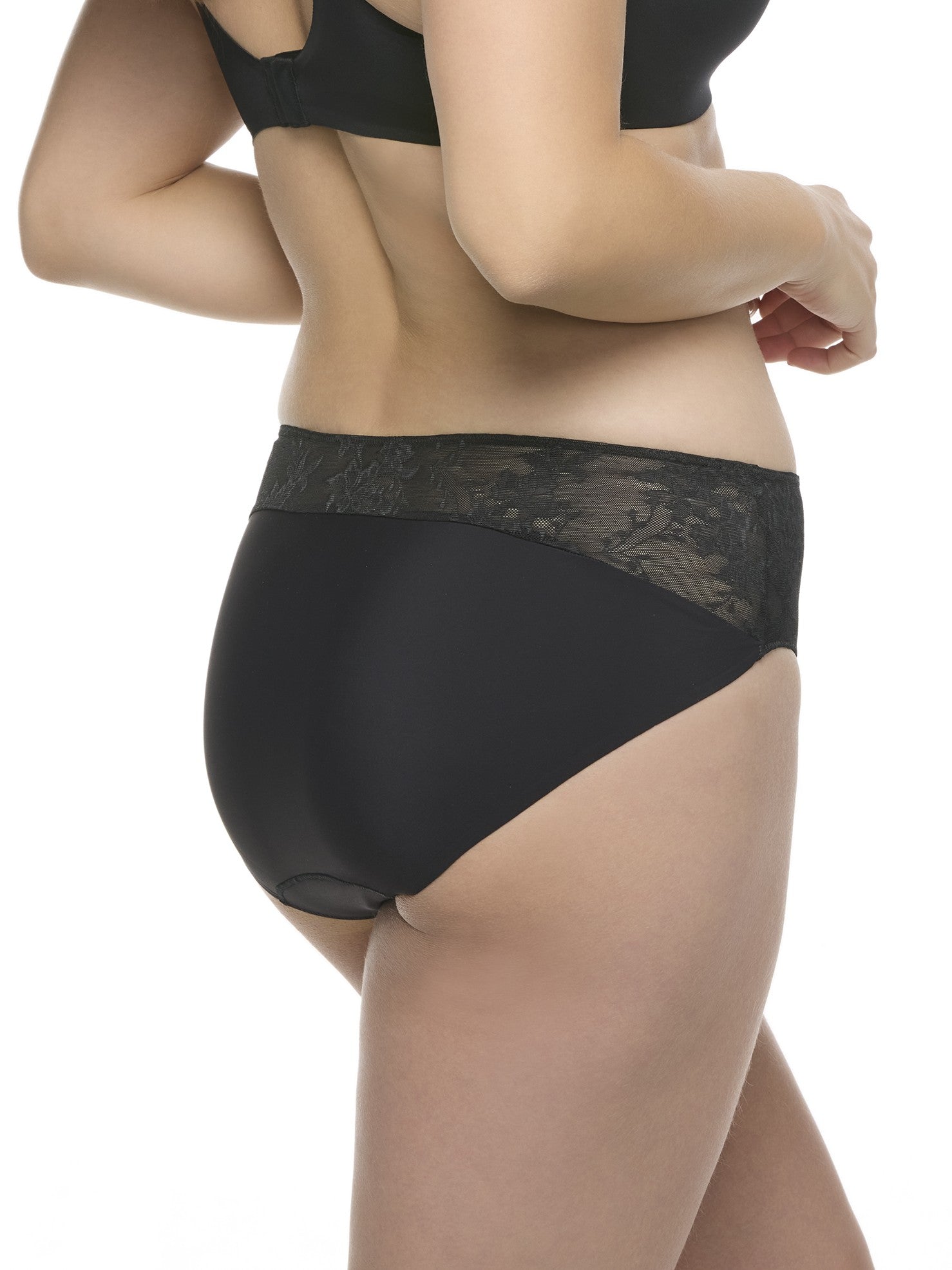 a woman wearing a black lace brief panty