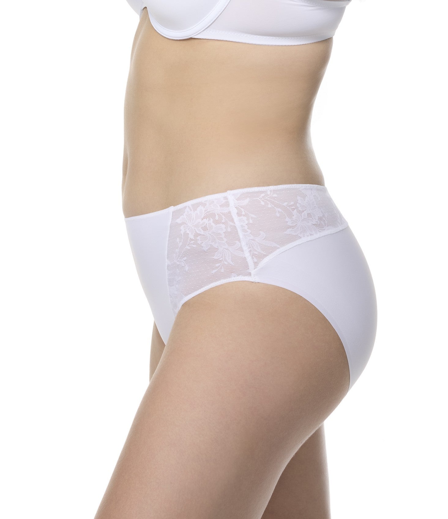 a woman wearing a white lace brief panty