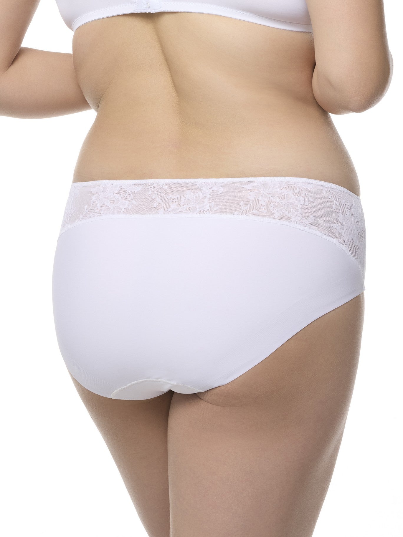 a woman wearing a white lace brief panty