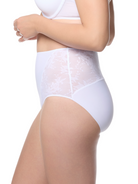 a woman wearing a white lace brief panty