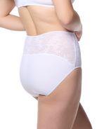 a woman wearing a white lace brief panty