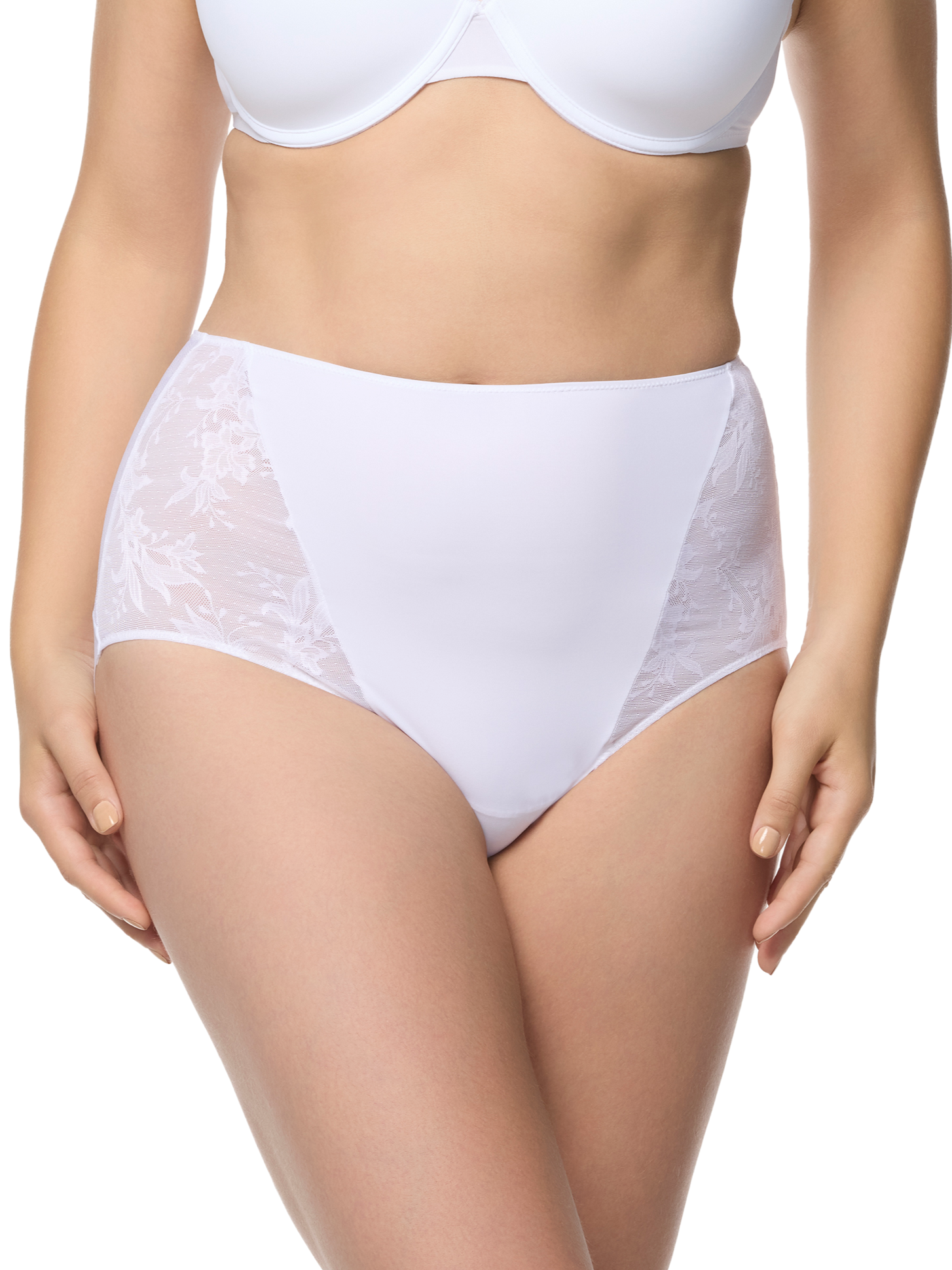 a woman wearing a white lace brief panty
