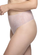 a woman wearing a pink lace thong panty