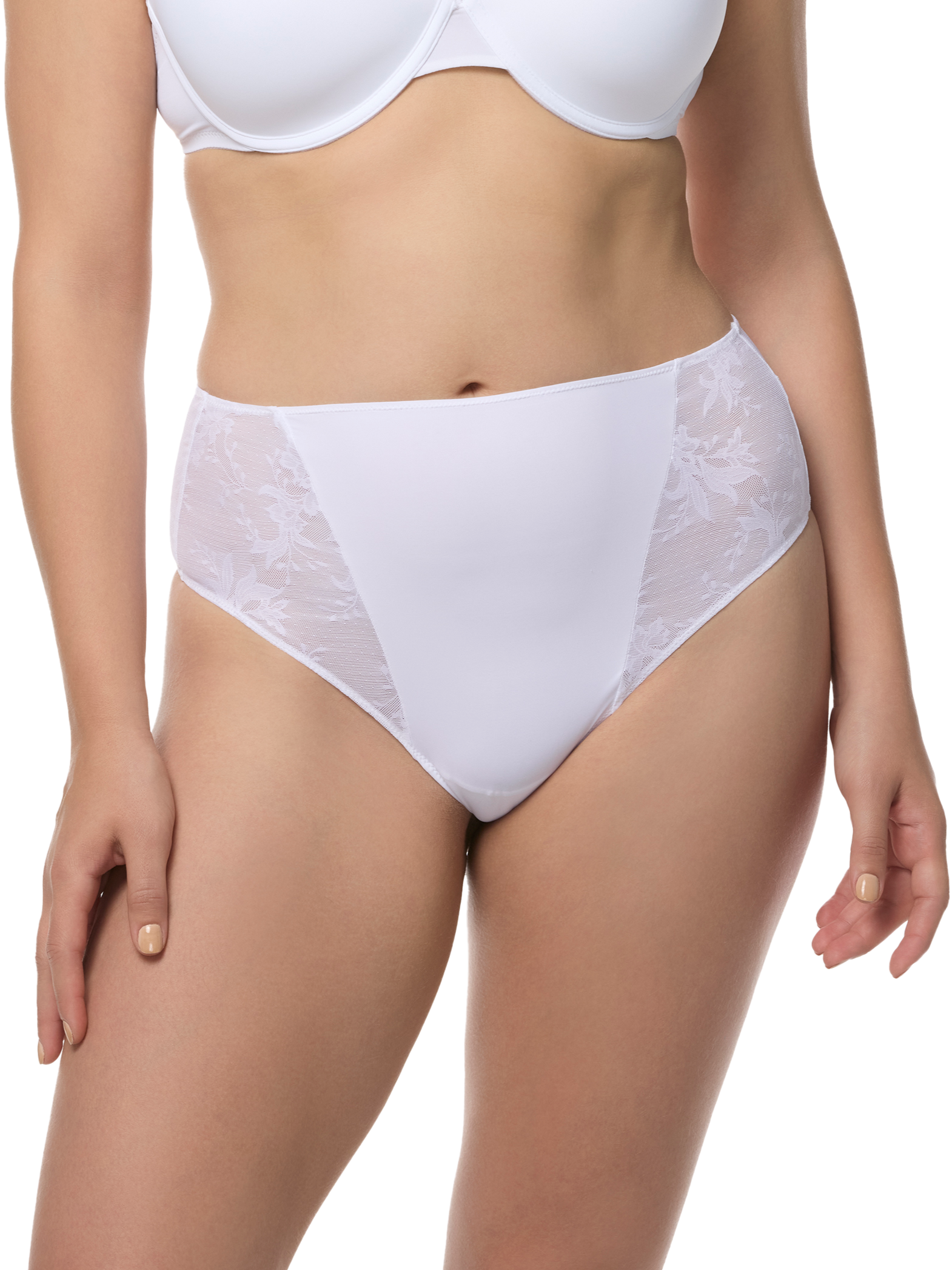 a woman wearing a white lace thong panty
