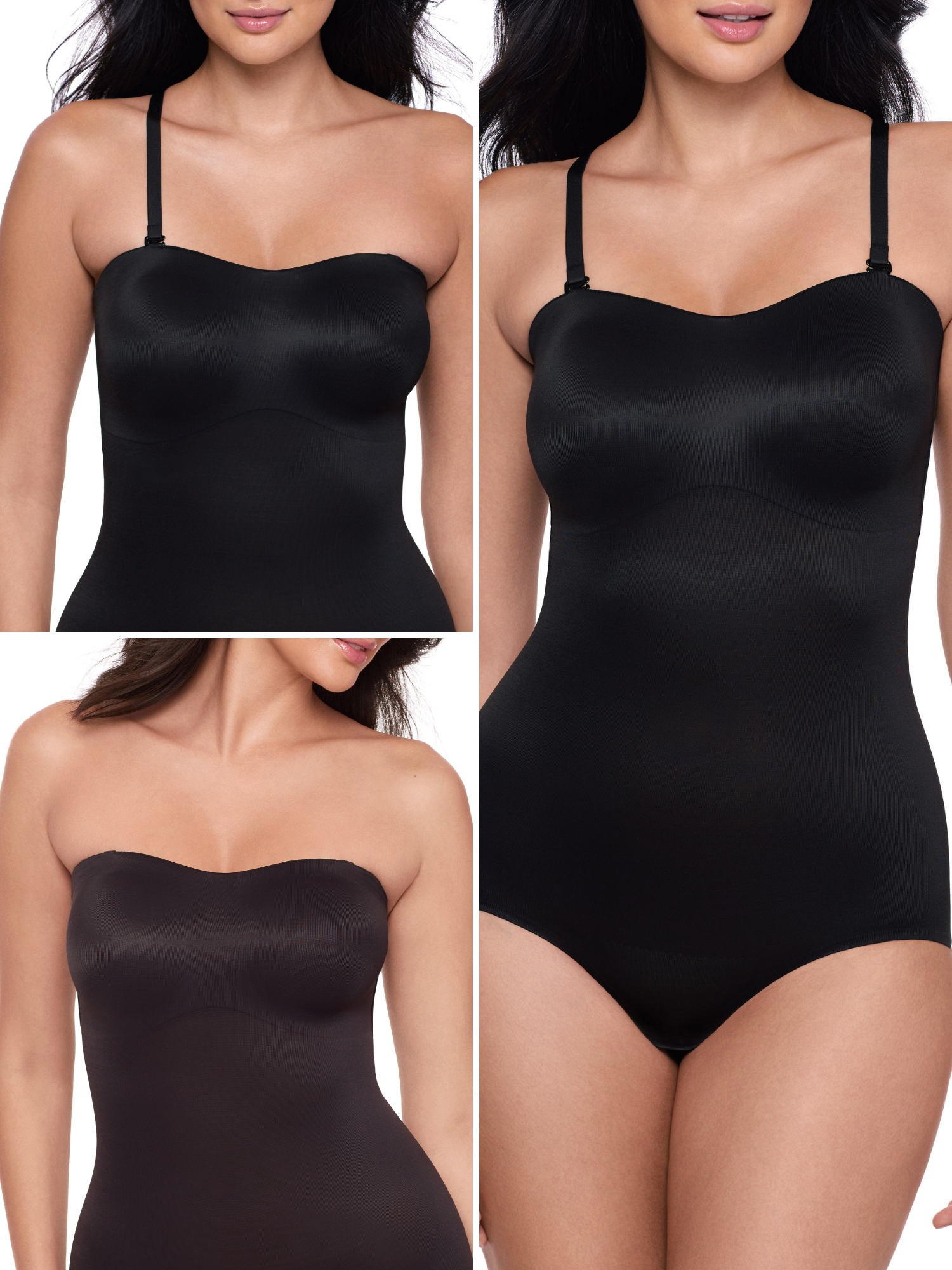 a display showing the different front strap options for a black strapless shapewear bodysuit total body shaper