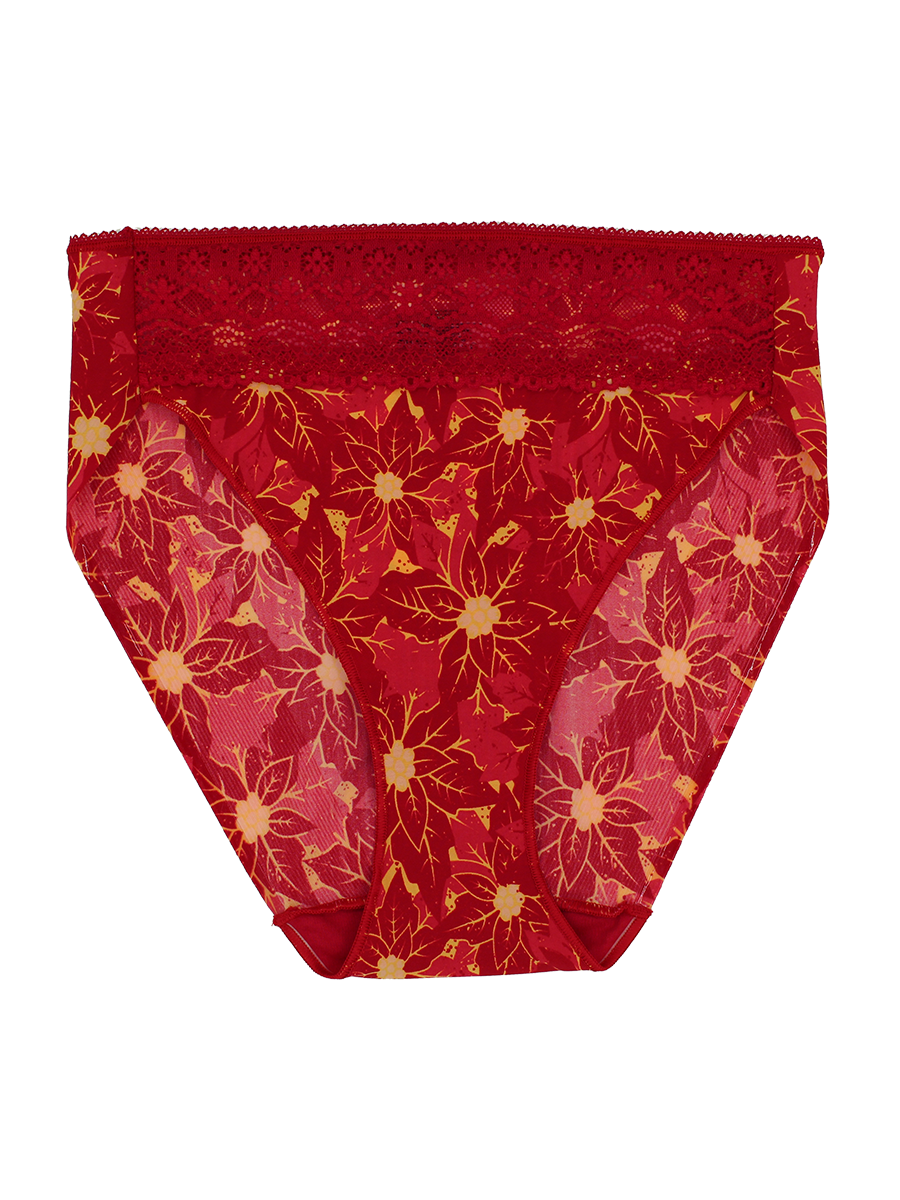 a lace trim high cut french cut panty with a red waist and a red and yellow poinsettia print women's underwear