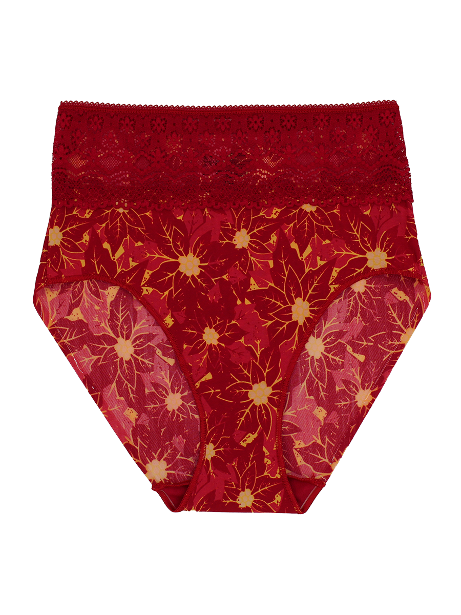 a lace trim brief with a red waistband and a red and yellow poinsettia christmas print women's underwear