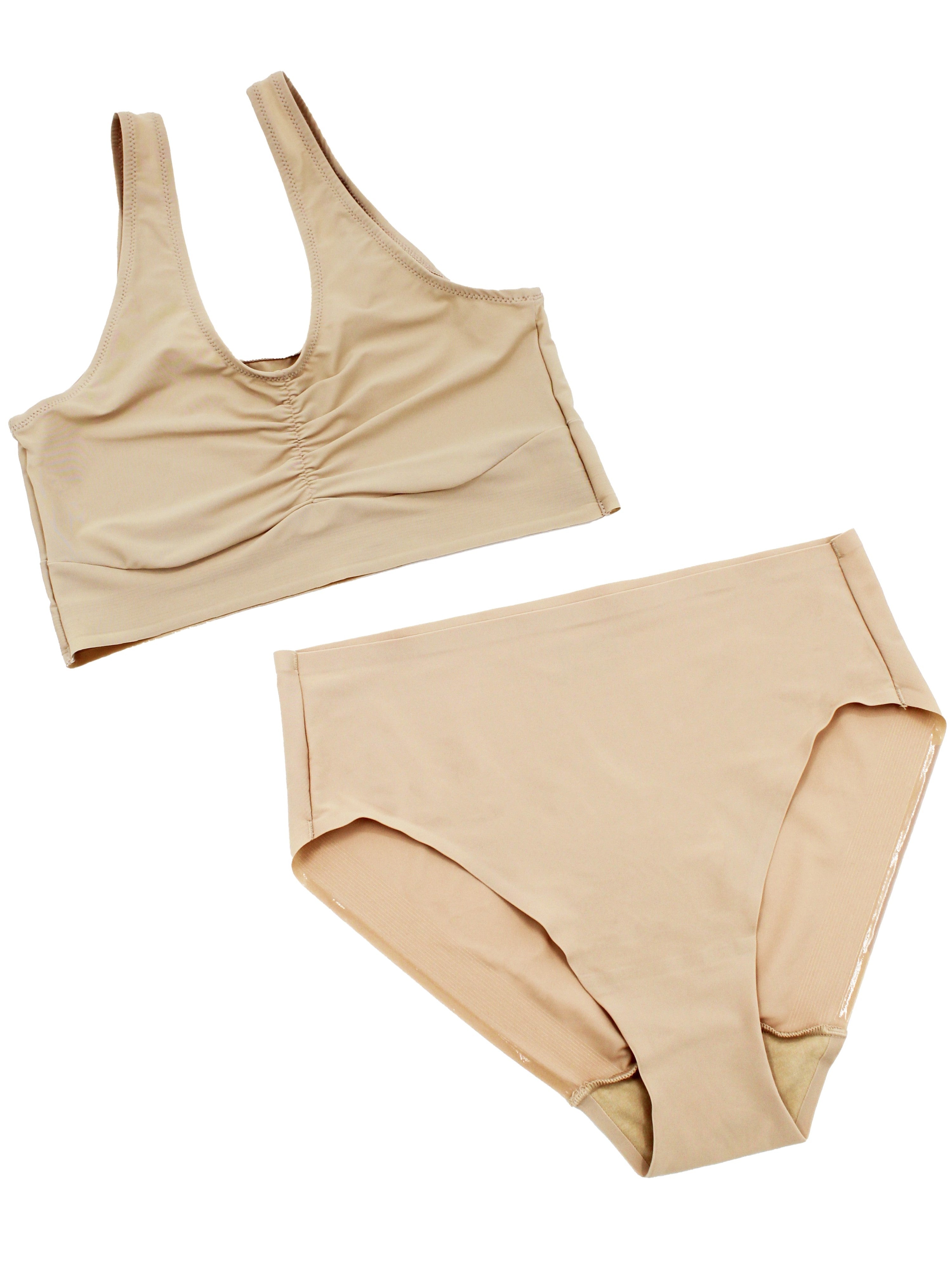 a nude bralette and a nude brief panty