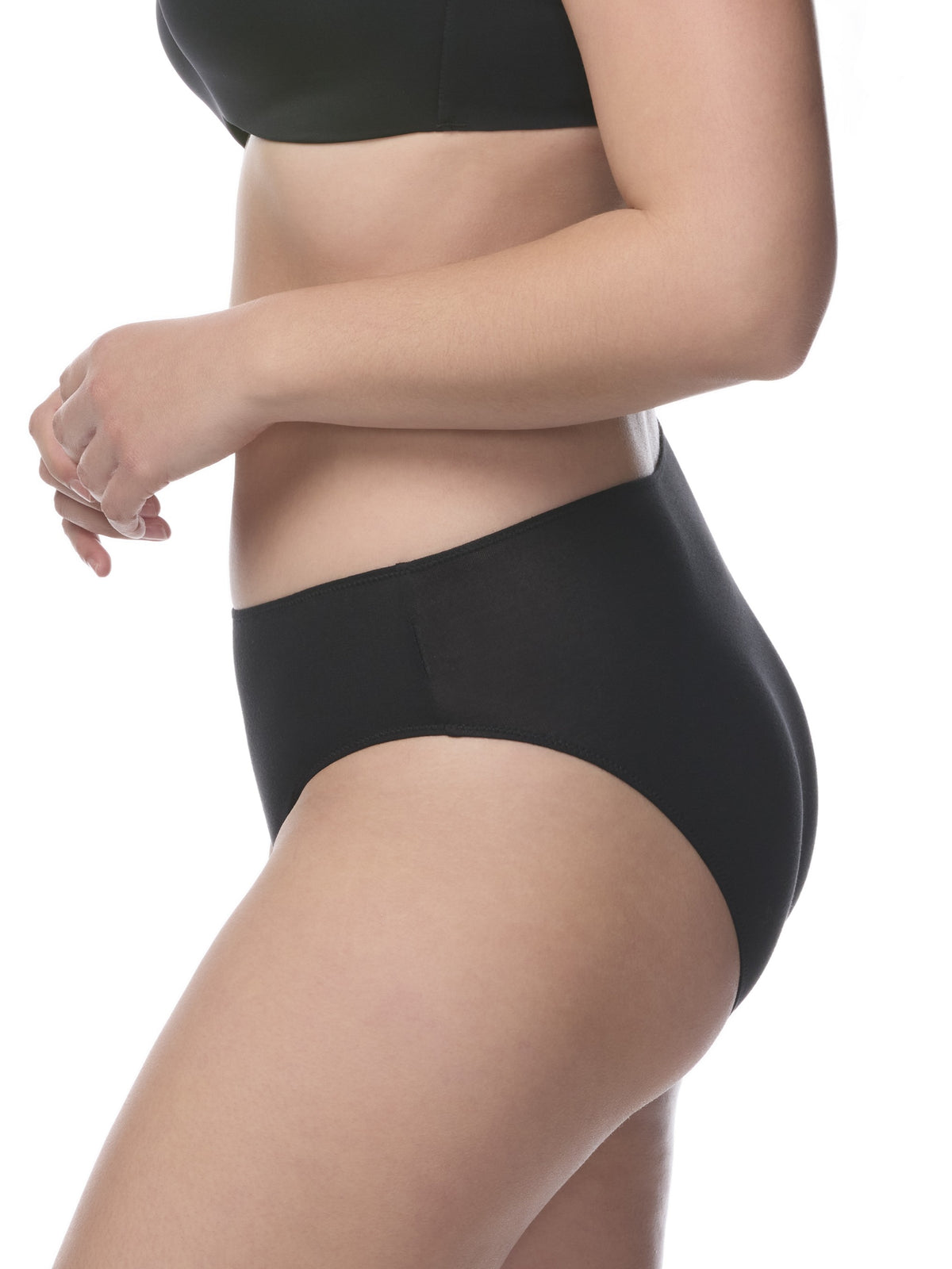 Black hipster panties shown on a model against a plain white all-groups