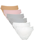 A set of six women's  underwear briefs in a staggered fan layout, featuring neutral and pastel shades of tan, light pink, light gray, and white on a solid white background.