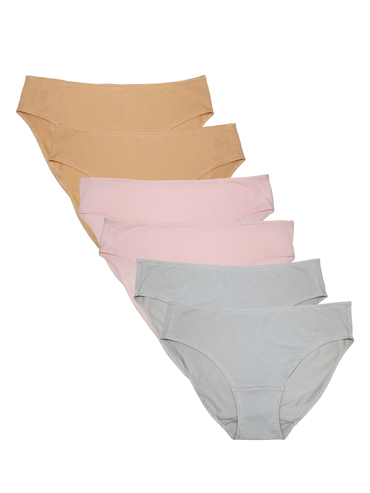 A set of six women's  underwear briefs in a staggered fan layout, featuring neutral and pastel shades of tan, light pink,  and light gray, on a solid white background.