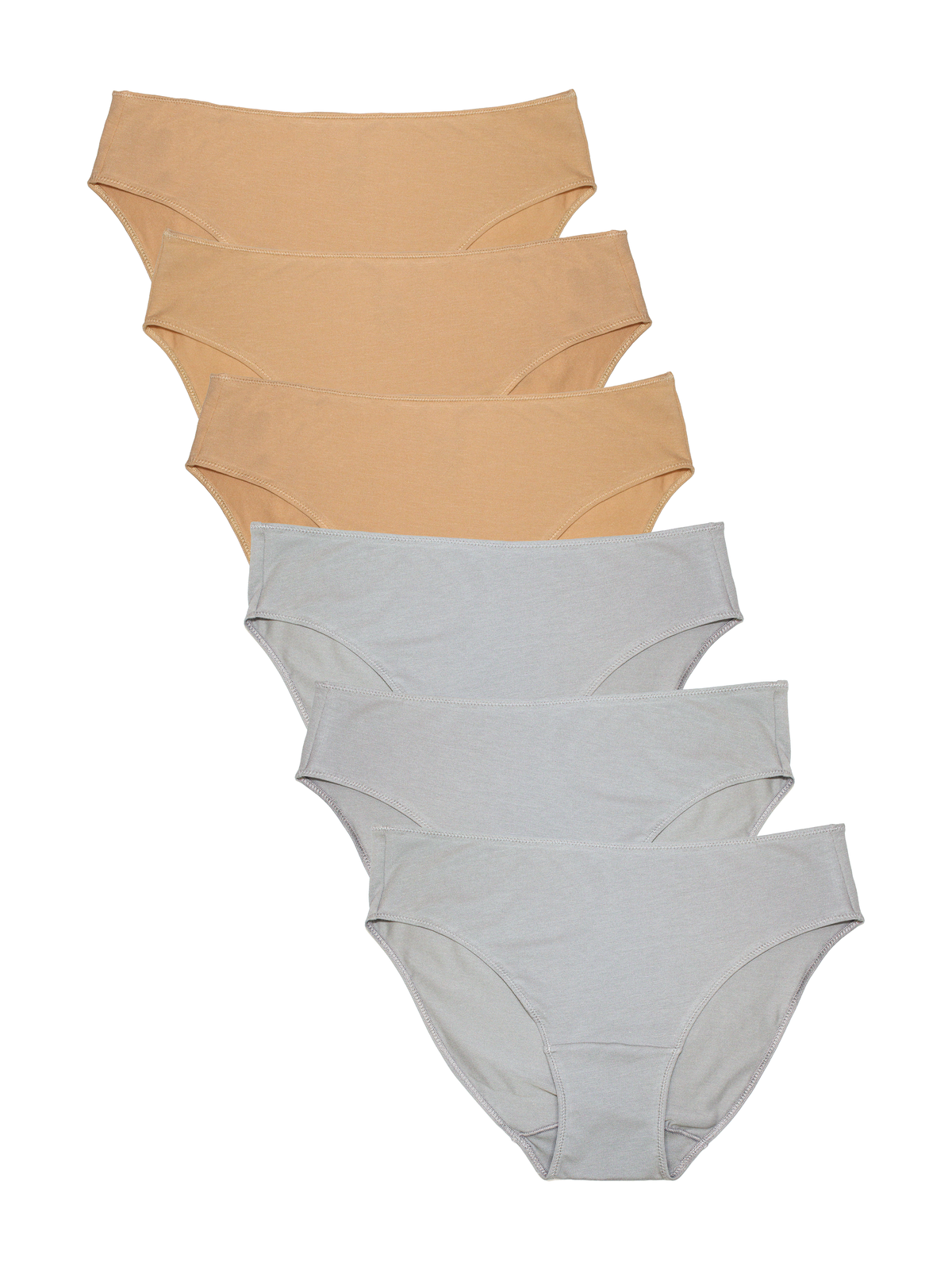 A set of six women's  underwear briefs in a staggered fan layout, featuring neutral shades of tan and light gray on a solid white background.