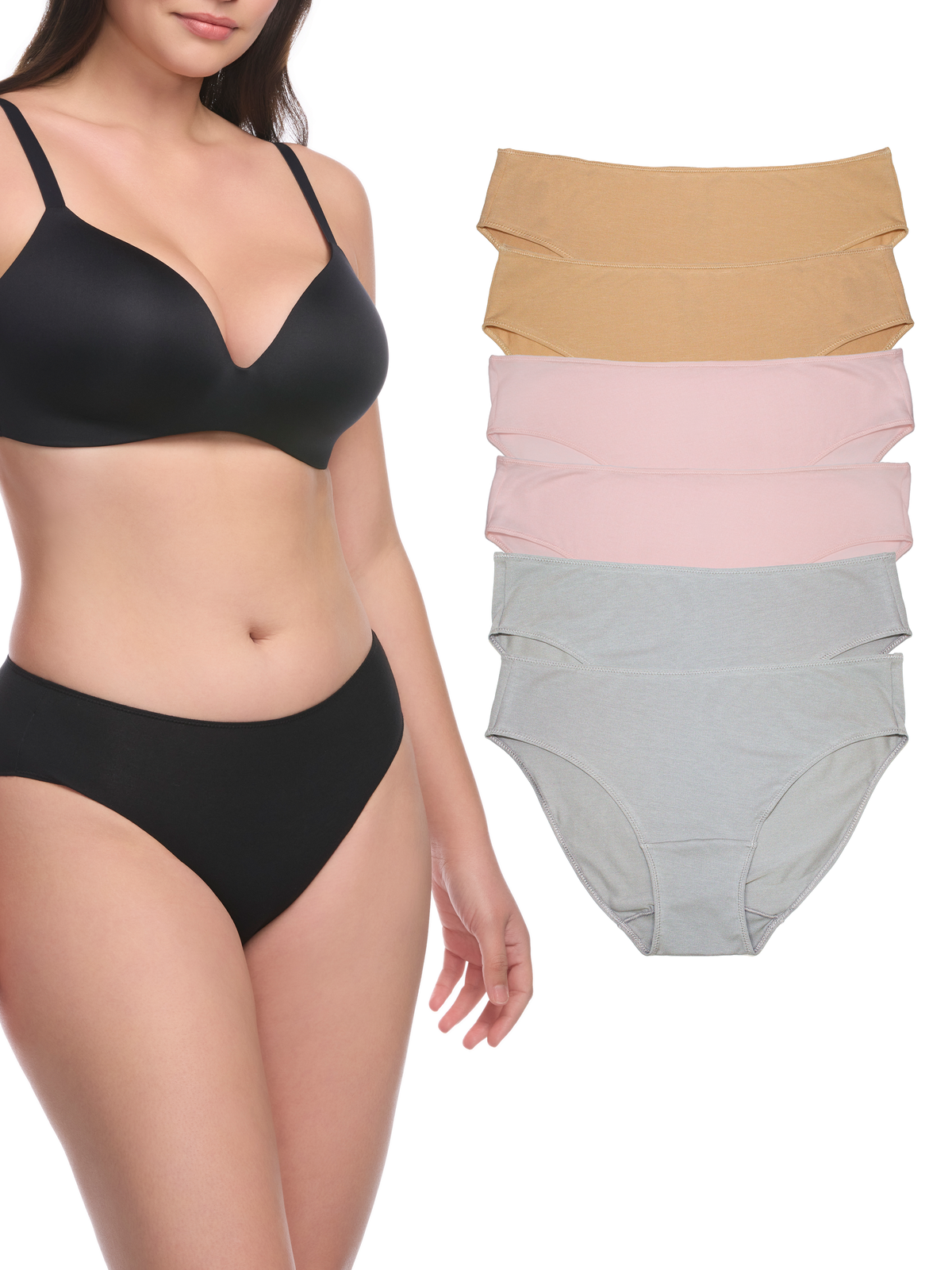 A woman wearing a black bra and matching black underwear stands beside a stack of six high-waisted briefs