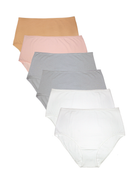 Six pairs of women's briefs in a stacked fan arrangement, shown in tan, light pink, light gray, white, and off-white on a plain white background.