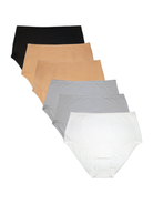 Six pairs of women's underwear in a stacked fan arrangement, showing the color variety: black, tan, light gray, and white, on a plain white background.