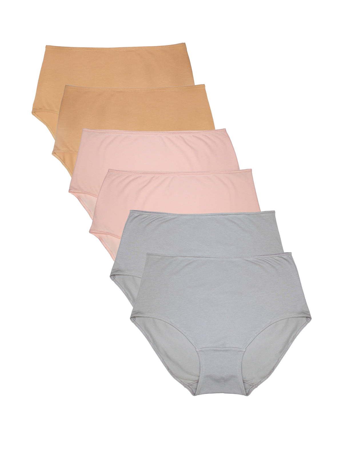 Six pairs of women's briefs in a stacked fan arrangement, showing color options from tan and beige to light pink and light gray, on a plain white background.