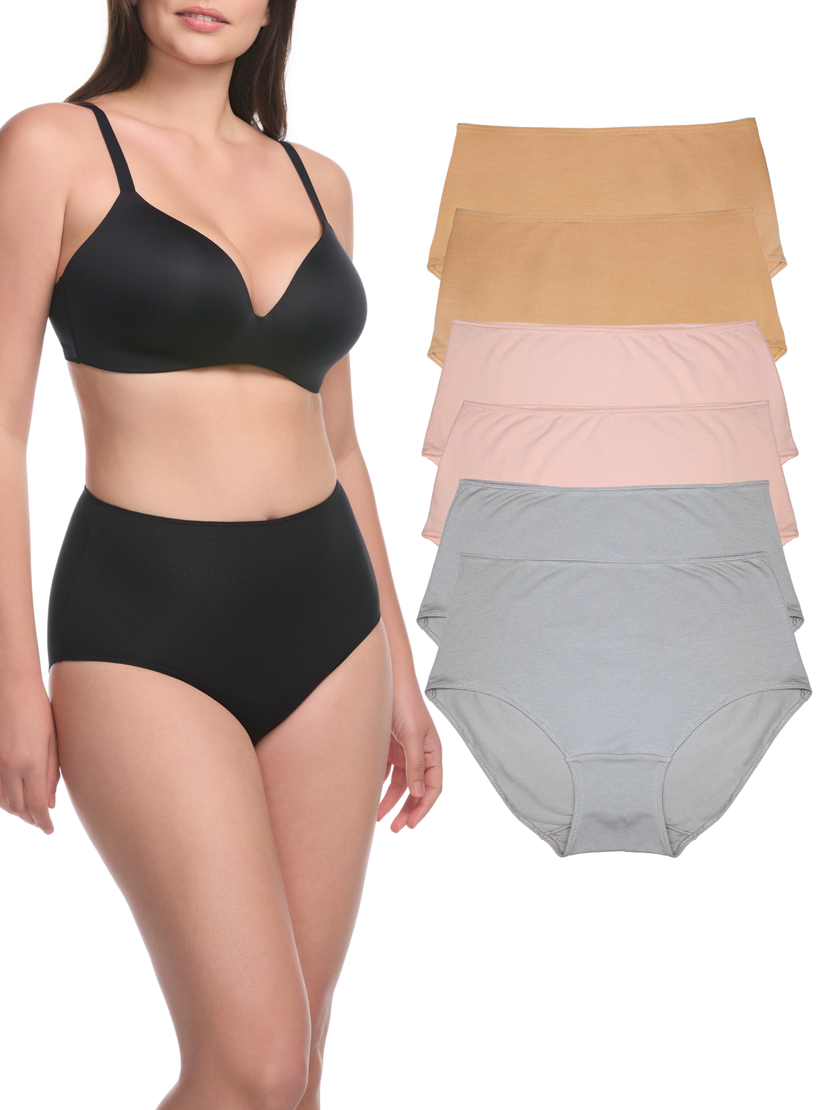 A woman modeling a black bra and black briefs, shown beside a stack of six underwear color options in beige, tan, pink, l and light gray on a white background.