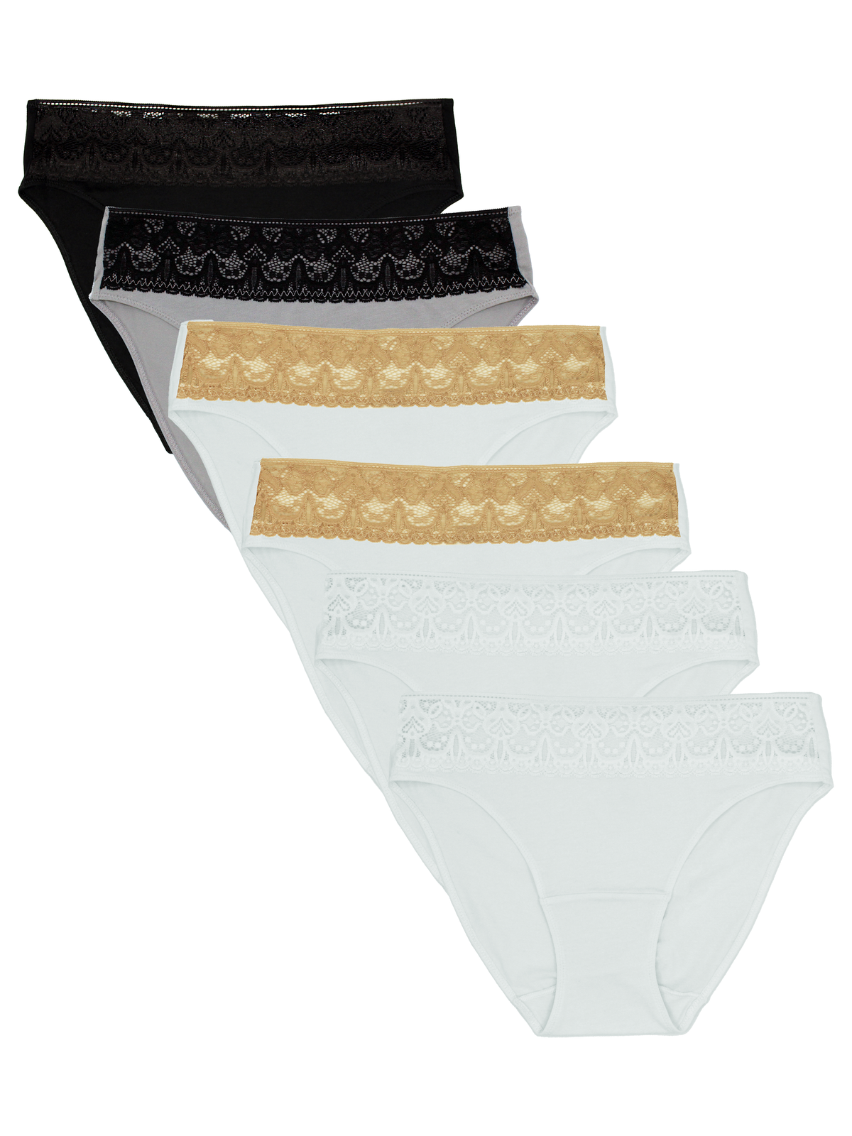 A 6-pack of women's lace-trimmed panties in black, white, and beige, arranged in a cascading fan shape on a plain white background.