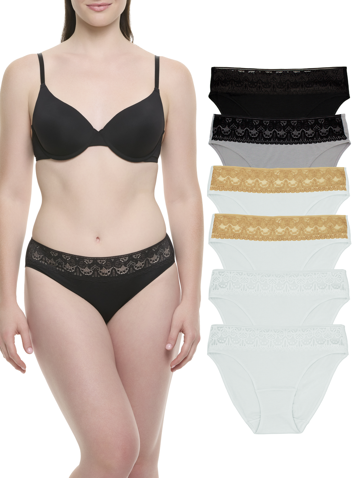 A woman models a black bra and matching black lace-trim panties on the left, while six additional underwear options are shown stacked vertically on the right.
