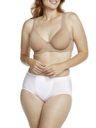 a woman wearing a white shaping brief