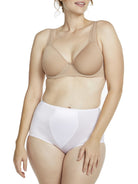 a woman wearing a white shaping brief