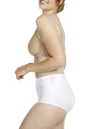 a woman wearing a white shaping brief