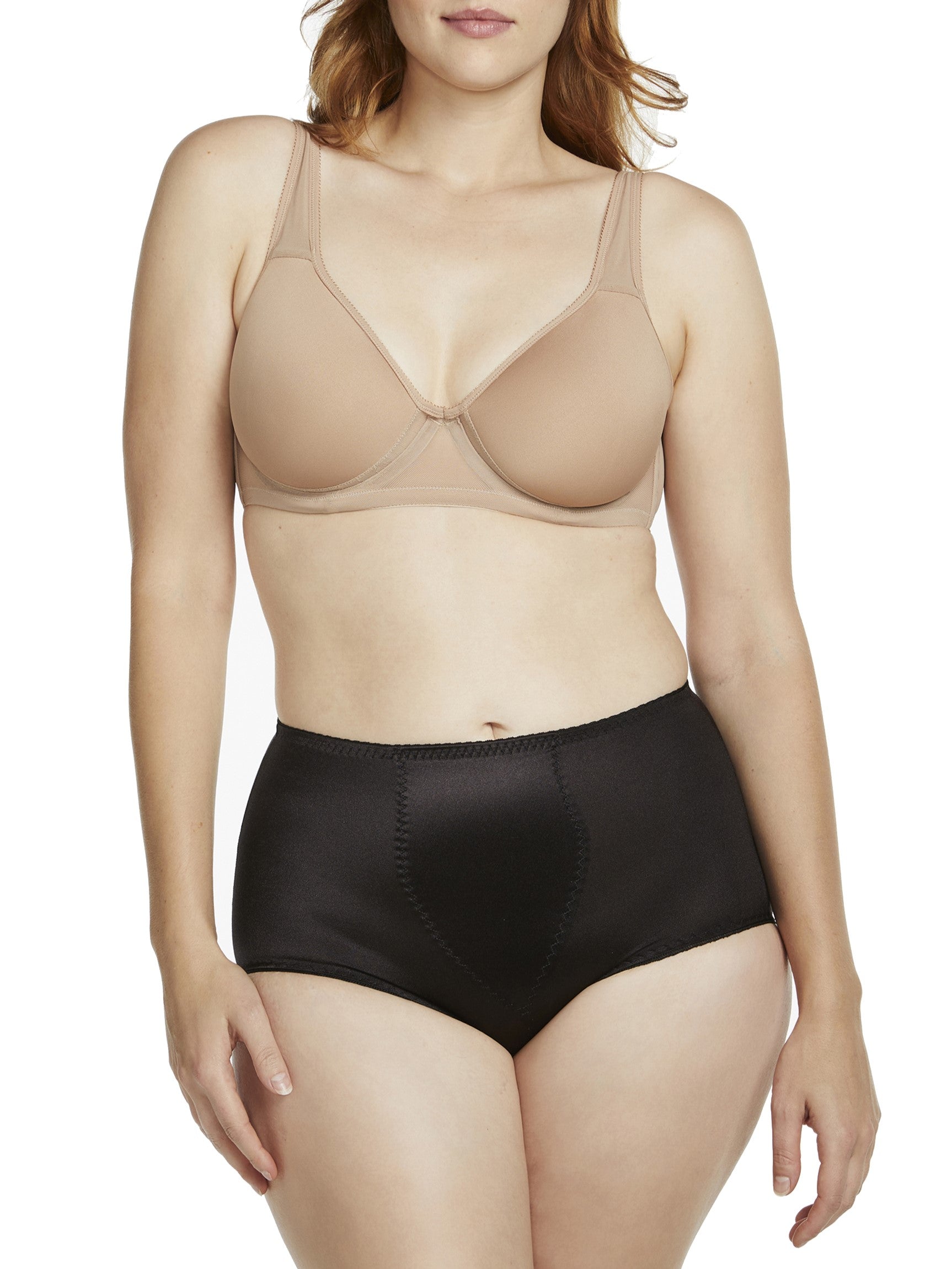 a woman wearing a black shaping brief