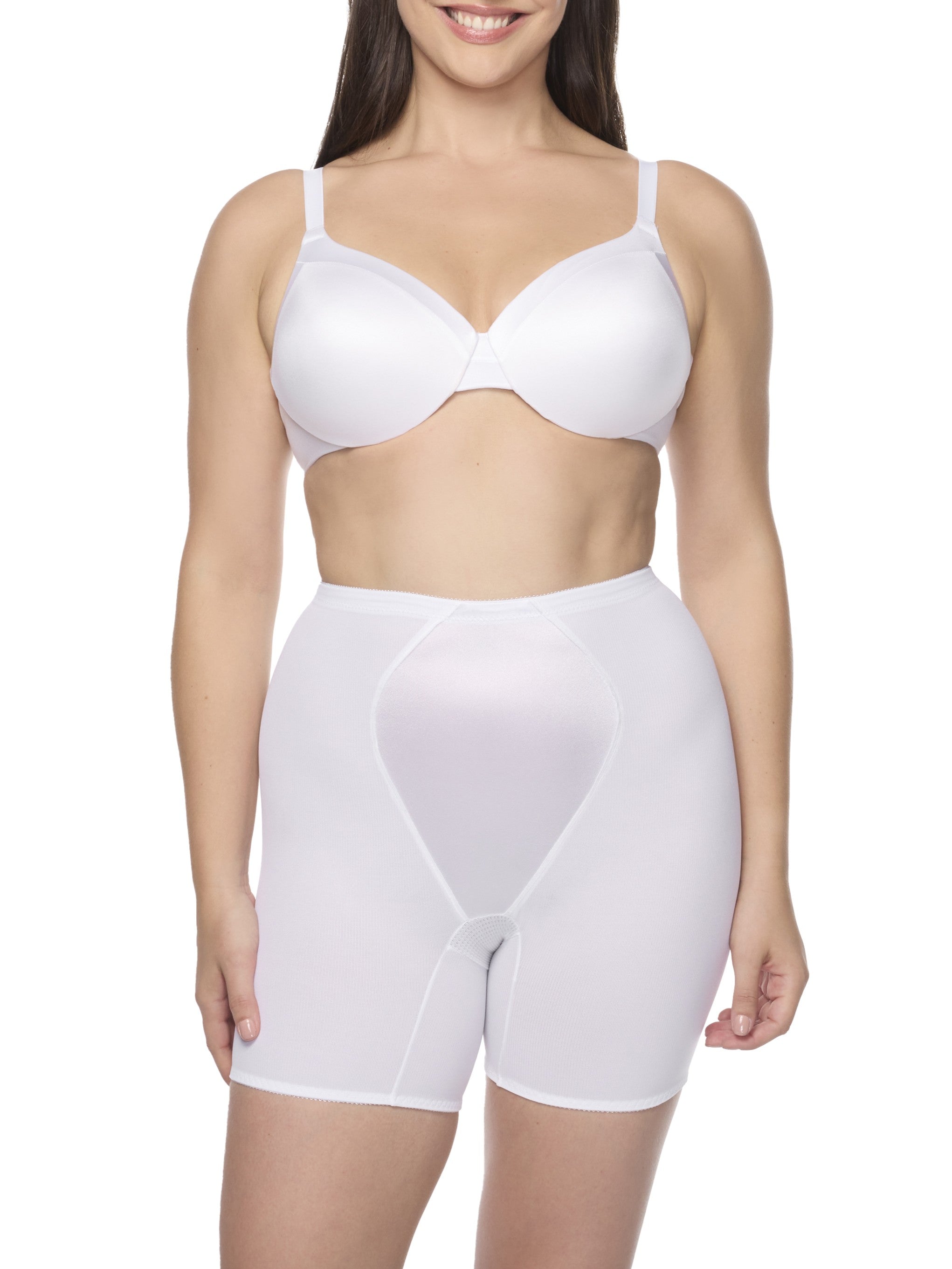 a woman wearing a white tummy control shaper short