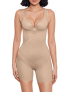 a woman wearing a nude open bust tummy control shaping bodysuit shapewear