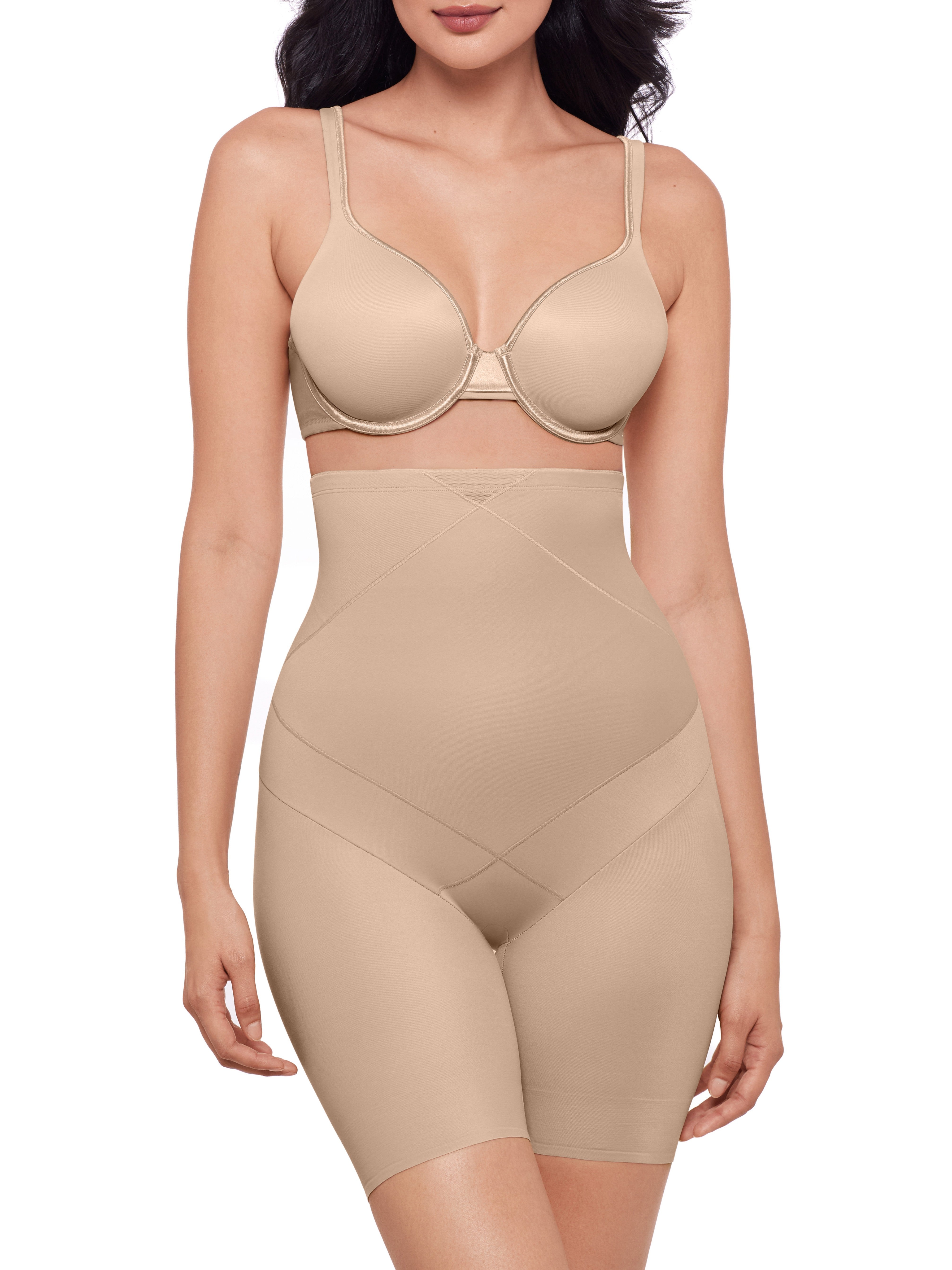 a woman wearing a beige high waist tummy control thigh slimmer