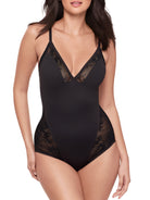 Black lace bodysuit worn by a model on a white background