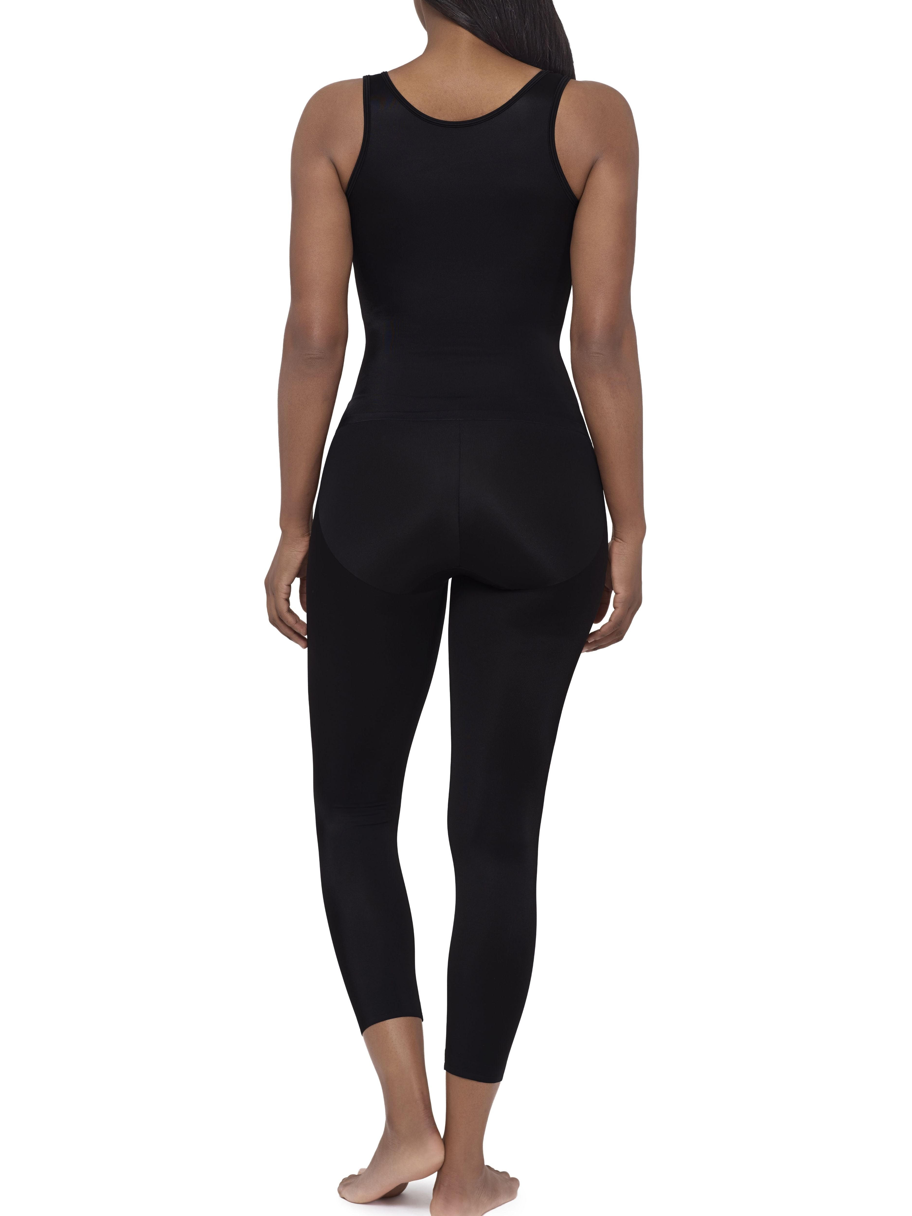 A woman modeling a full-body black shaper bodysuit or against a plain white background.