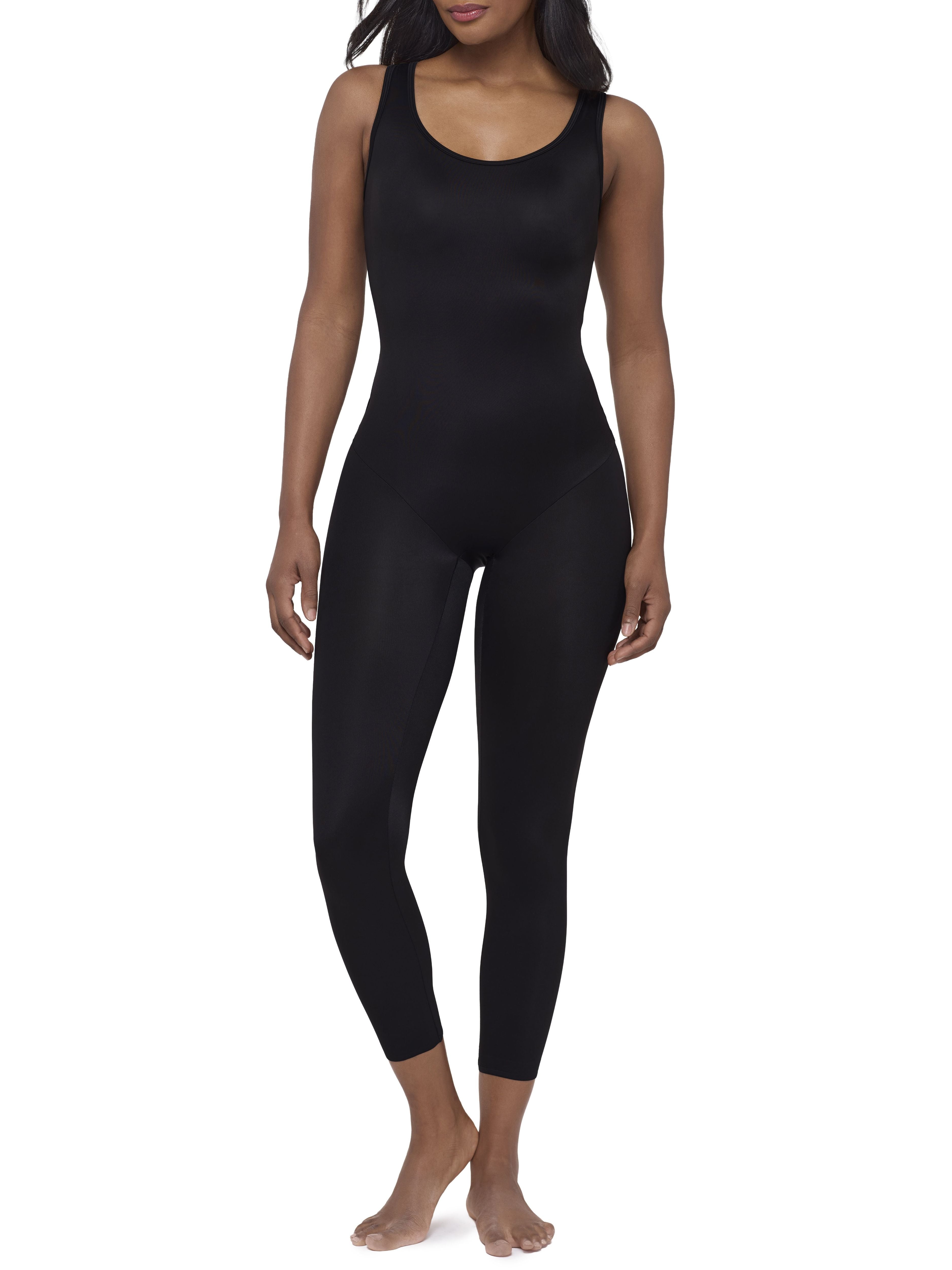 A woman modeling a full-body black shaper bodysuit or against a plain white background.