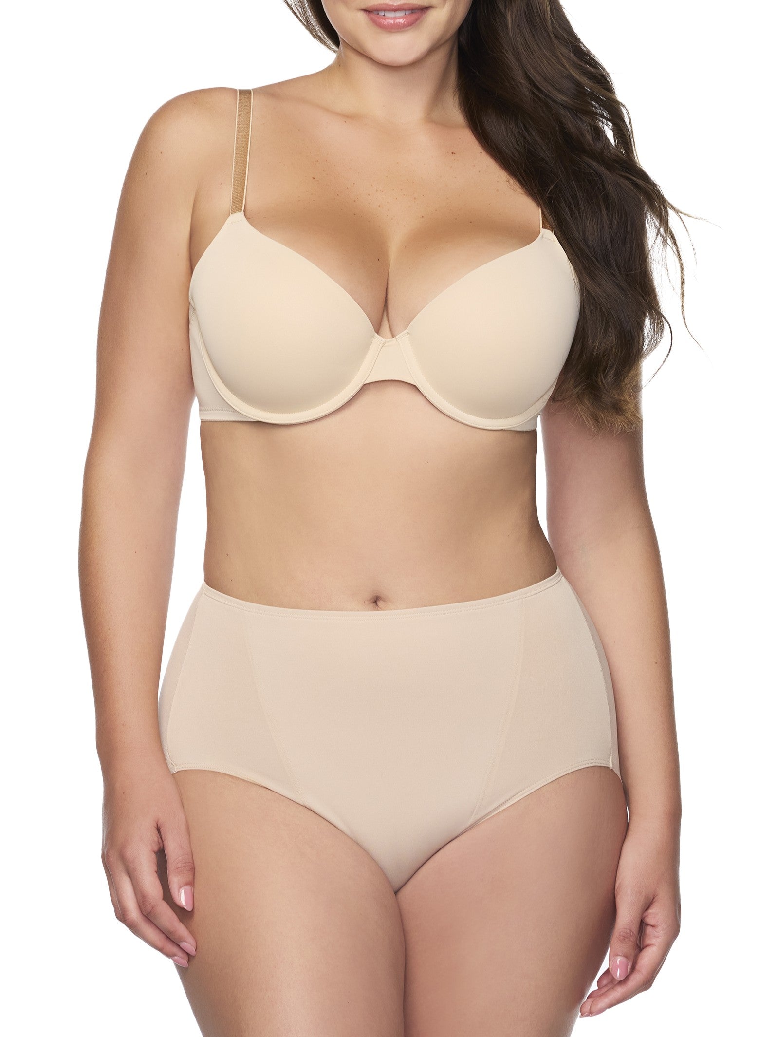 woman wearing a beige bra and shaping brief