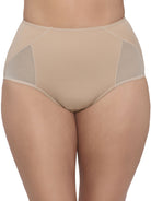 Beige high-waisted compression underwear shown on a model, featuring solid fabric panels and sheer mesh side panels. all-groups