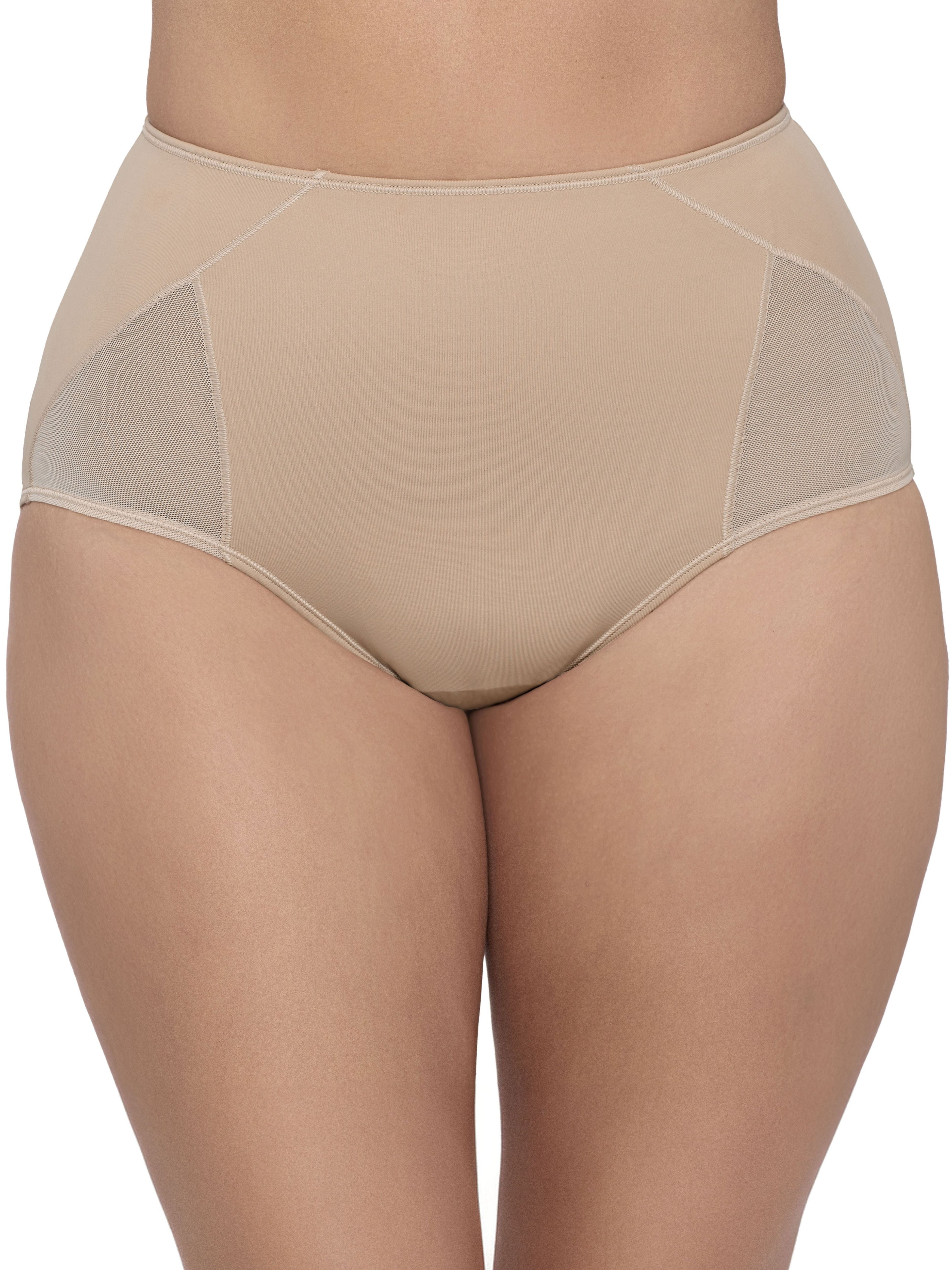 Beige high-waisted compression underwear shown on a model, featuring solid fabric panels and sheer mesh side panels. all-groups