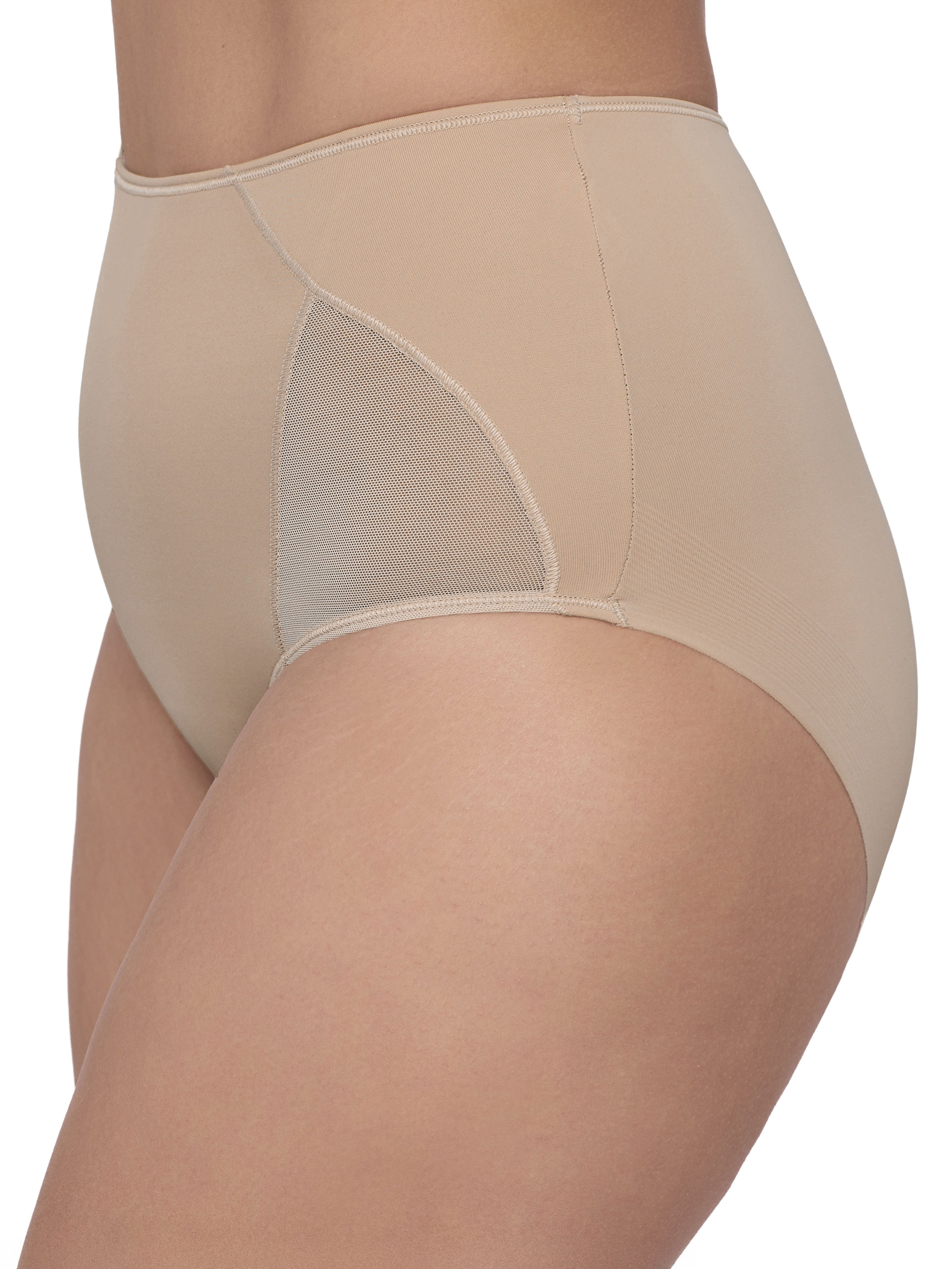 Beige high-waisted compression underwear shown on a model, featuring solid fabric panels and sheer mesh side panels. all-groups