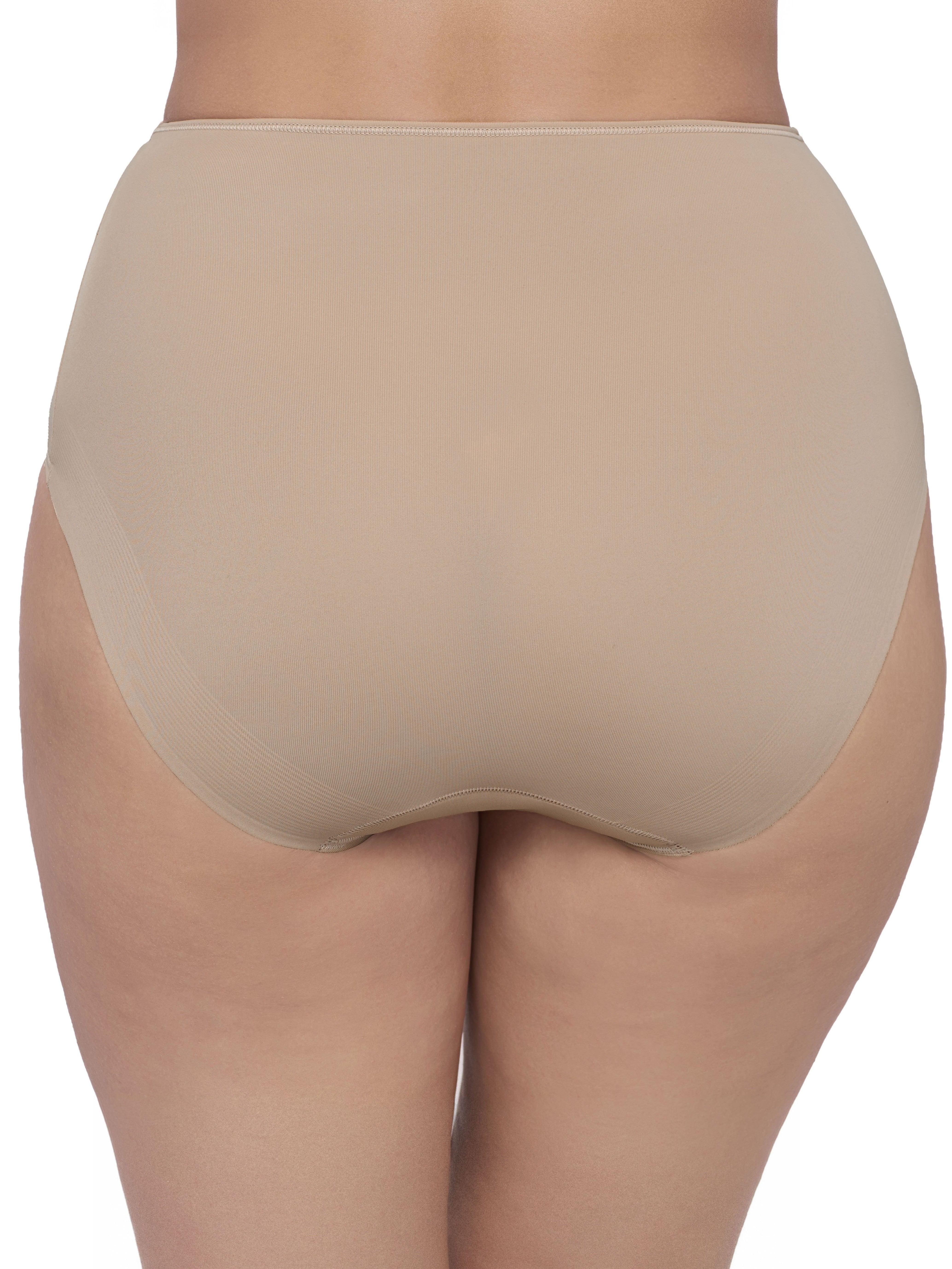 Beige high-waisted compression underwear shown on a model, featuring solid fabric panels and sheer mesh side panels. all-groups
