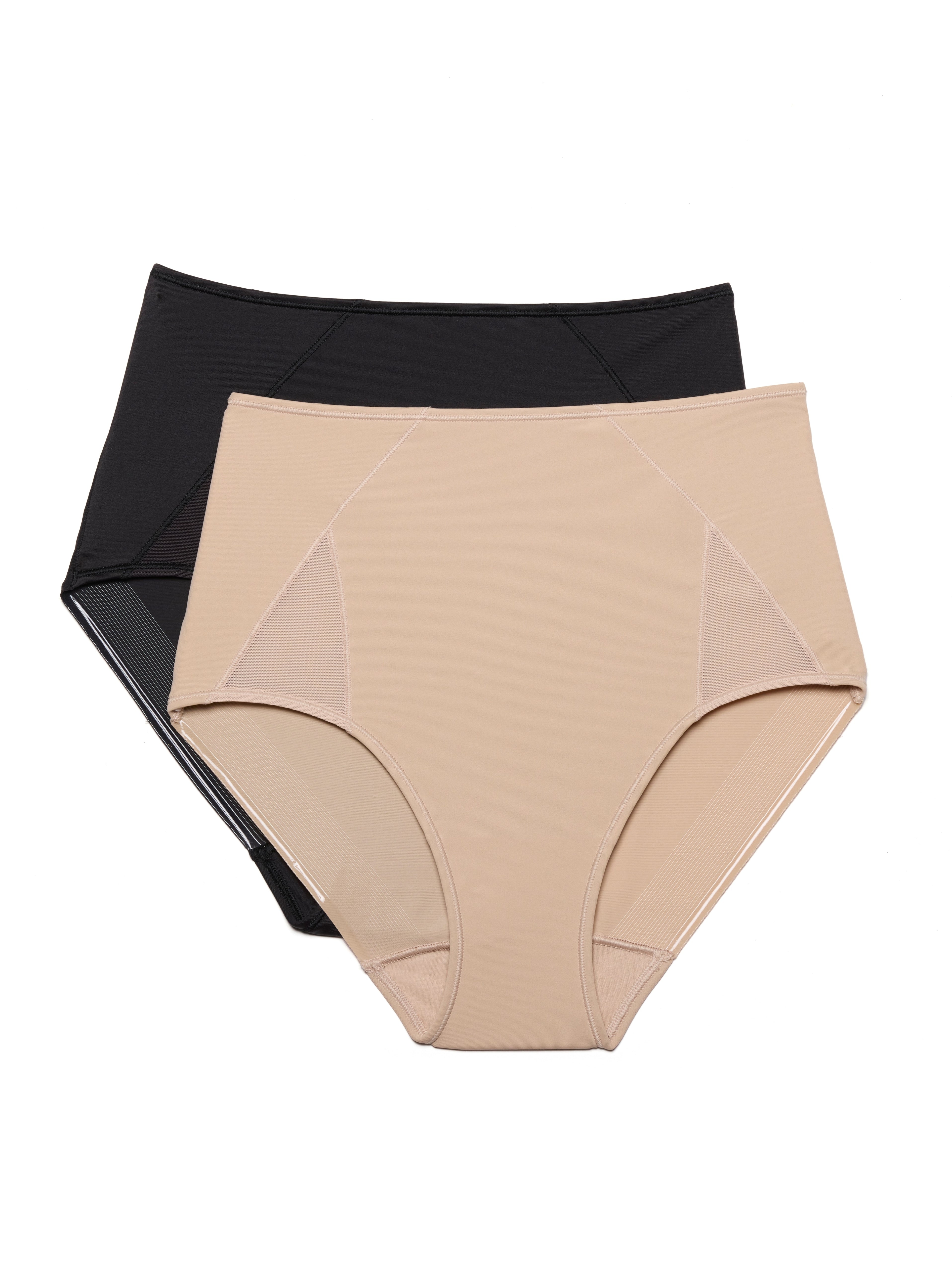 lay flat images on a white background of a beige tummy control brief panty and a black tummy control underwear