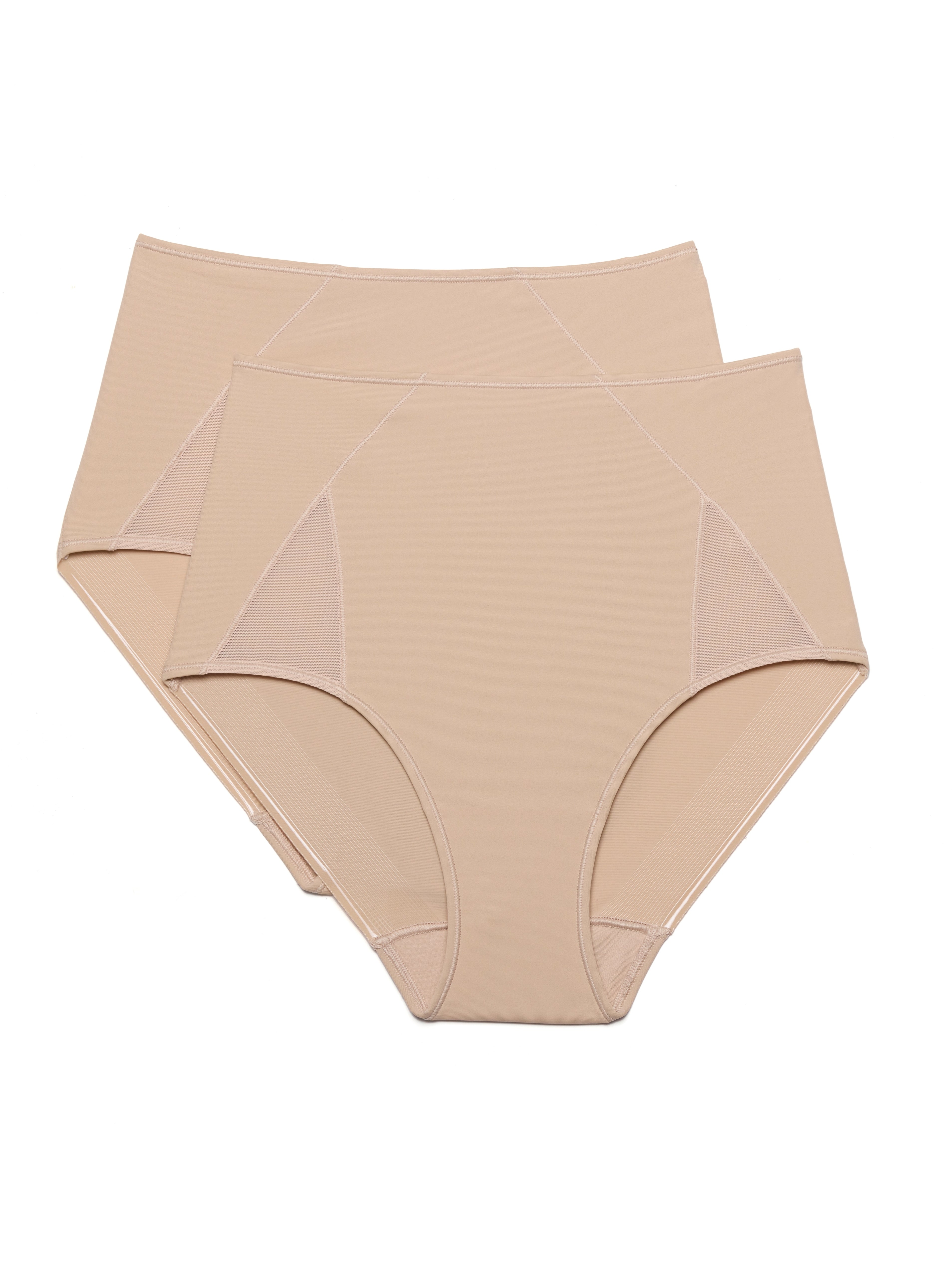 lay flat image on a white background of two beige tummy control underwear brief panties