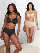 a woman wearing a black shaping brief and a woman wearing a beige shaping brief in a living room all-groups