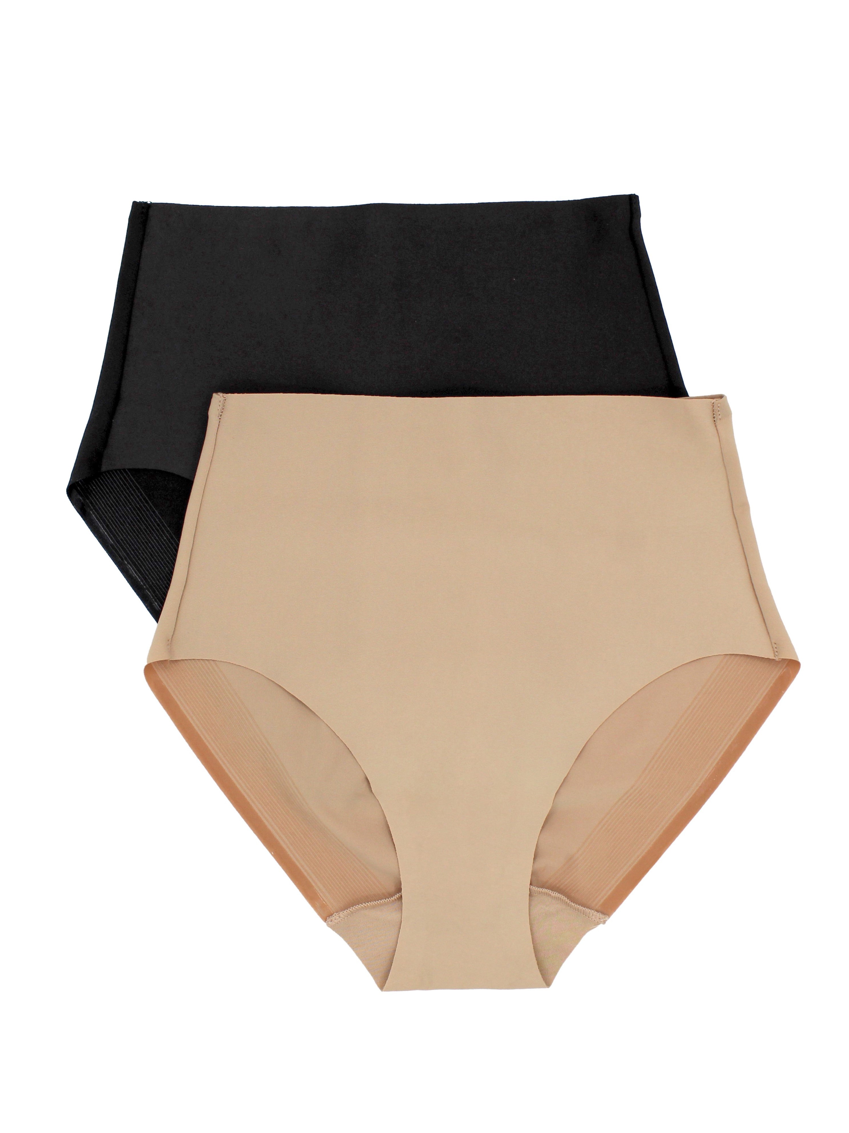 a nude control top panty and a black control top panty underwear shapewear