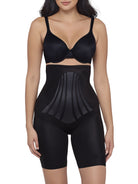a woman wearing a black high waisted thigh slimmer miraclesuit shapewear body shaper